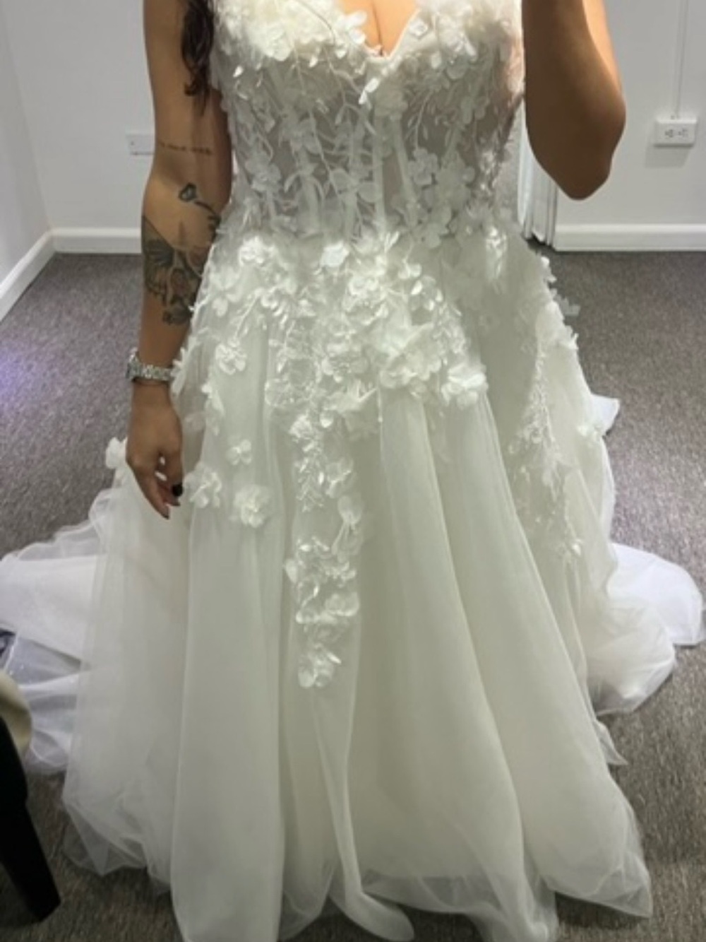 Ivory Floral Appliqué Bridal Gown with Tulle Skirt
